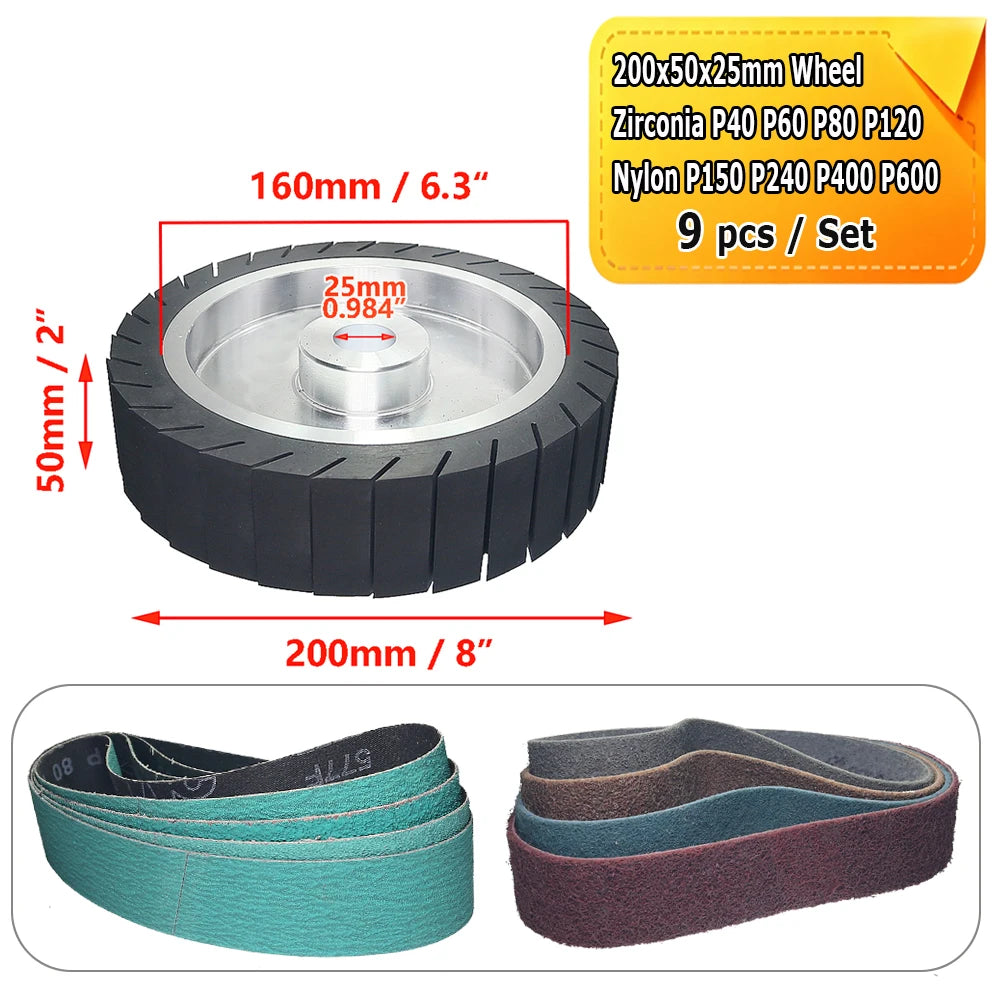 200x50mm 8” Rubber Expander Polishing Wheel with 630x50mm Sanding Sleeves Zirconia Nylon Fiber for Metal Grinding Wire Drawing