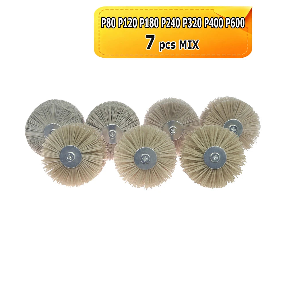 7 pcs 85x40x6mm Shank Mounted Abrasive Wire Polishing Wheel Radial Nylon Bristle Brush for Wood Root Carving Irregular Artwork