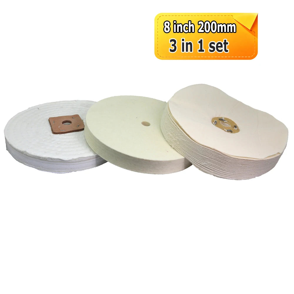 3 pieces Polishing Buffing Wheel Set - Stitched Wheel / Loose Cotton Wheel / Wool Felt Wheel / Wax Metal Mirror Finish Tool