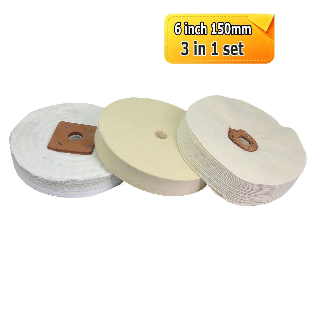 3 pieces Polishing Buffing Wheel Set - Stitched Wheel / Loose Cotton Wheel / Wool Felt Wheel / Wax Metal Mirror Finish Tool