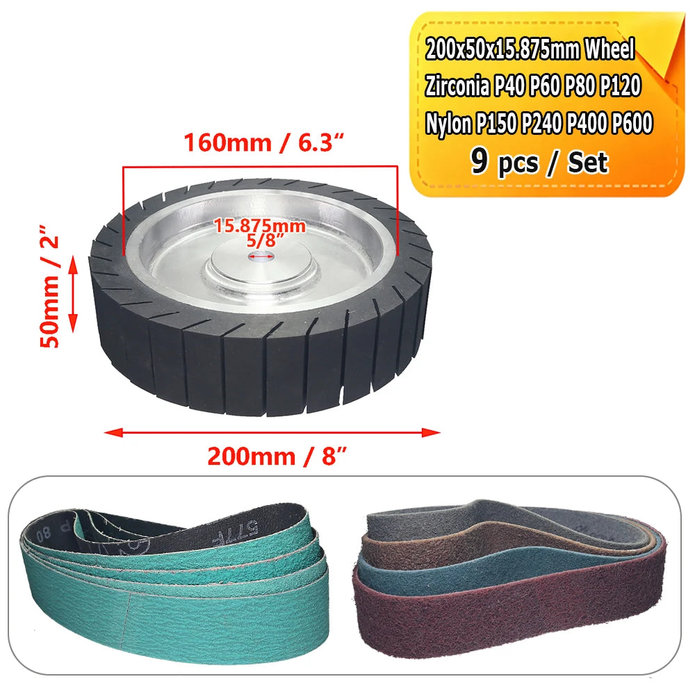 200x50mm 8” Rubber Expander Polishing Wheel with 630x50mm Sanding Sleeves Zirconia Nylon Fiber for Metal Grinding Wire Drawing