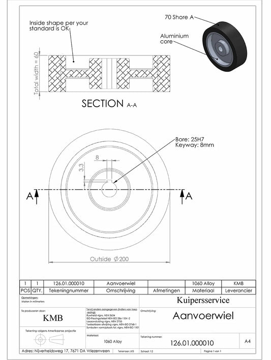 Customized Rubber Contact Wheel 200x60x25mm keyway 8x3mm