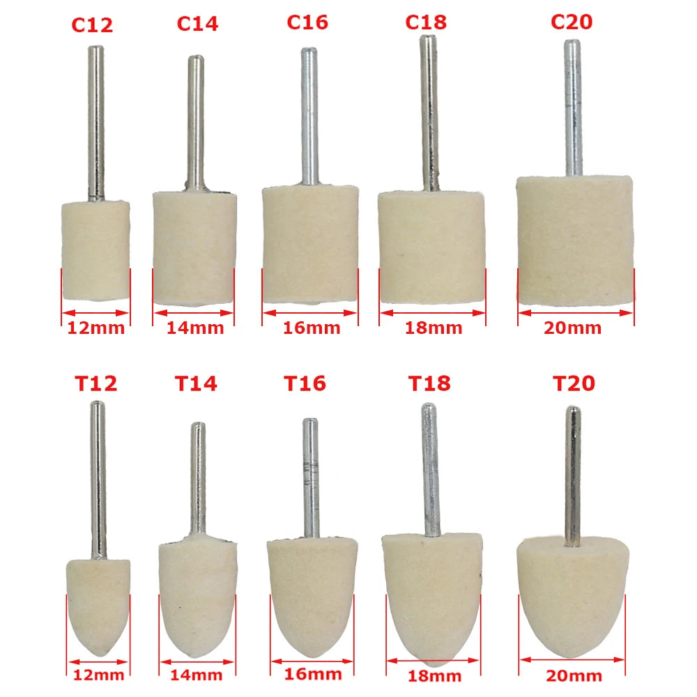 Dia. 12-20mm Felt Bobs 3mm shank Mounted Polishing Grinding Heads for Mold Jewelry Handicrafts Mirror Finish