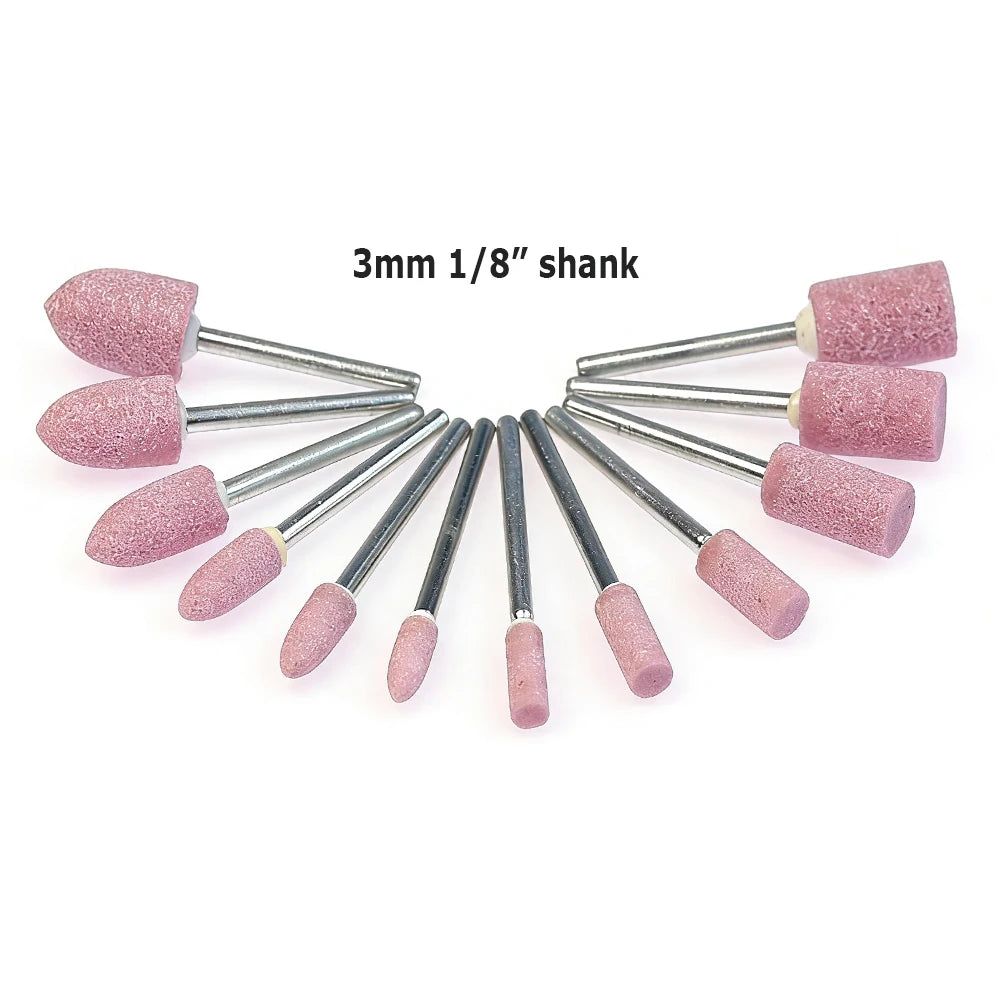 Dia. 4mm-12mm Red Corundum Grinding Stone Heads 3mm Shank Mounted Abrasive Wheel Metal Deburring Mould Polishing Dressing